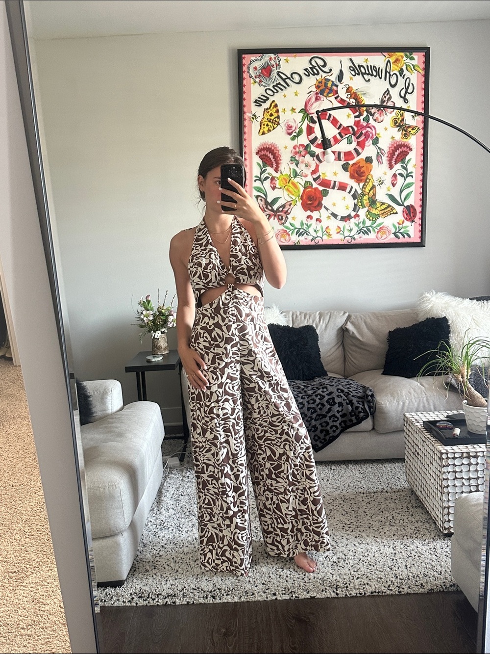 Free People Brown and Cream Halter Cutout Wide-Leg Jumpsuit
